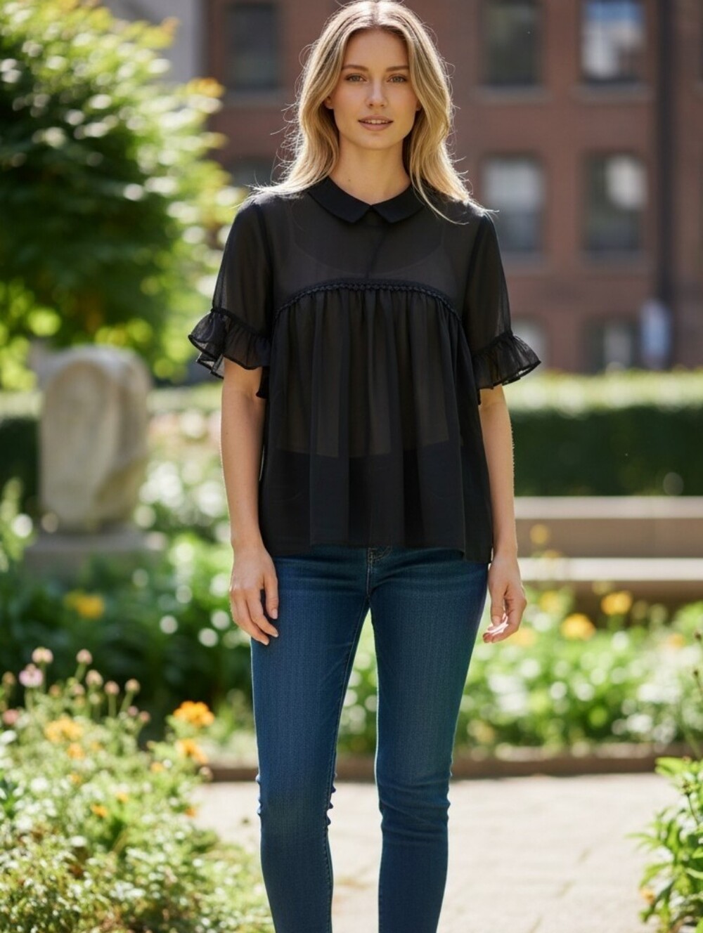 NWOT INA Women's Black Ruffle Sleeve Sheer Blouse Sixe Small R75